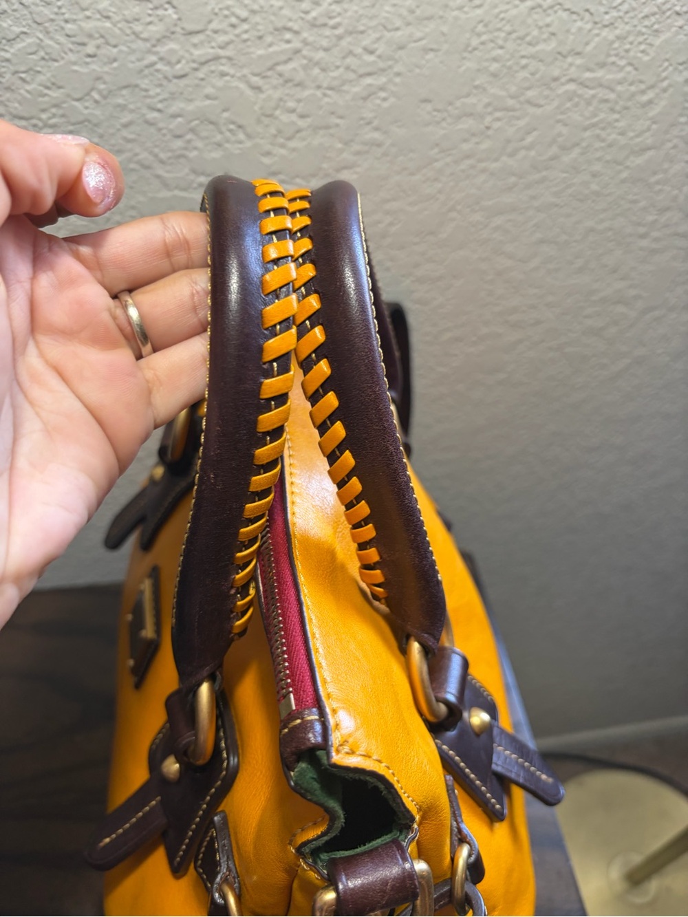 Dooney and Bourke Florentine Stanwich Satchel - Yellow & Brown - Picture 5 of 13